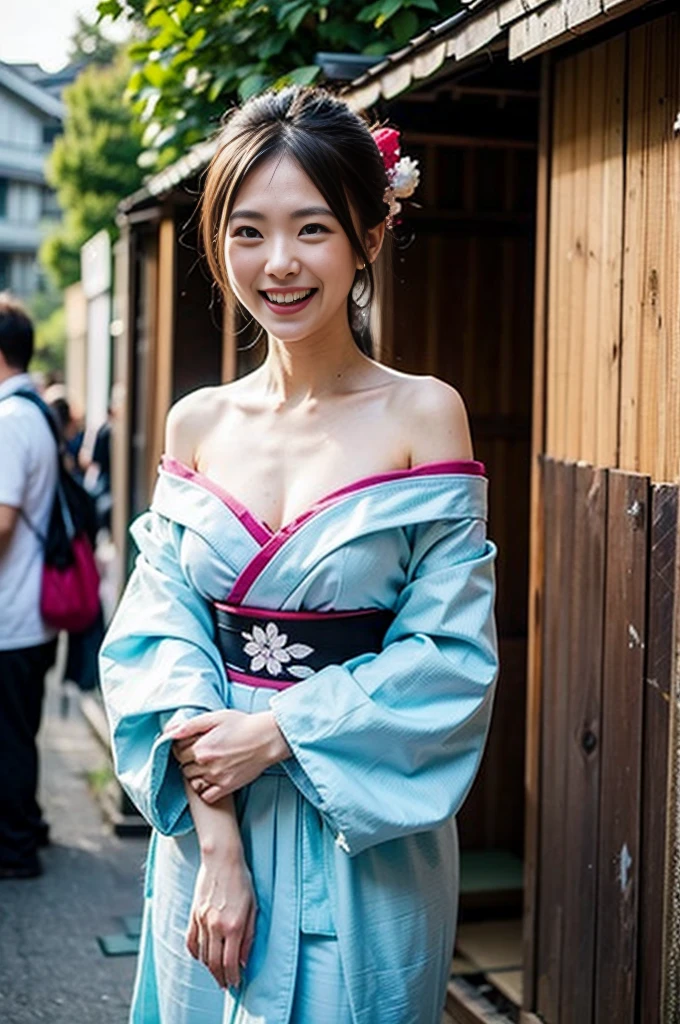 A very cute face like an idol、A young-looking 20-year-old woman、Smiling Kindly、She is wearing a cute long-sleeved Japanese yukata.、Cleavage、noon、Walking through a Japanese festival、Natural light、Whole body、High level of artistry