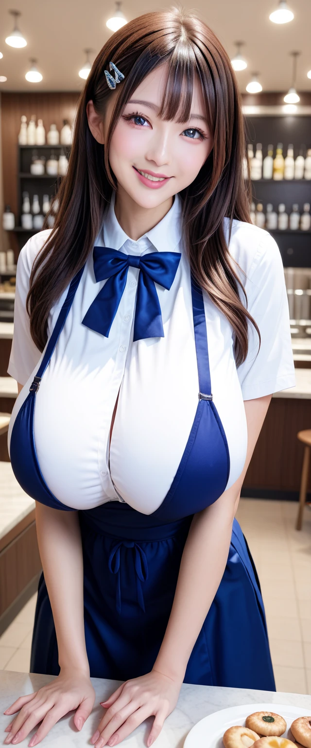 Close-up: A high school girl with super big breasts and beautiful legs is in her summer uniform, squatting in the school hallway with her legs spread apart, seductively staring with moist eyes, checkered pleated skirt, bare legs, view from below, smiling