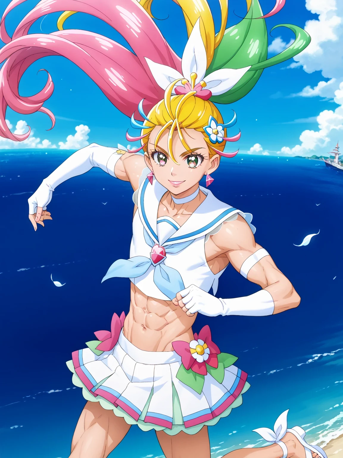 score 9 , score 8 up, score 7 up, source anime, masterpiece, Best quality, Best resolution, best image quality, anime coloring, anime screenshot, anime screencap, 1boy, cure summer is a boy, (male:1.5), long haired anime boy, 美しい天の魔道士, flower, jewelry, hair ornament, sea warrior, sunshine aura, heavenly aura, sea aura, solo, long blonde haired boy, high ponytail hair, multicolored hair, two tone hair, streaked hair, gradient hair, pink hair, eyelashes, thick eyebrows, hair flip, zodiac boy knight, flower hair ornament, sparking magical boy, royal elegant pose, anime boy is wearing a white crop top dress, anime boy is wearing a Belly button outfit, anime prince, white arm warmers, white gloves, white sandals, white detached sleeves, elbow gloves, white choker, fingerless gloves, sailor collar with an pink, neckerchief with an pink, lips, triangle earrings, white mini skirt, 彼の周りの魔法のオーラ, green frills under white mini skirt, Portrait of a Zodiac boy Knight, boyish taste, cure summer outfit, 魔法の光沢のある肌, tom boy style, a cheerful smile, slender body, day time!!,  male focus, looking at viewer, solo focus, cowboy shot, bare shoulders, bare arms, bare legs,midriff, navel, abs, covered pectoralis major, stomach, biceps, biceps long head, biceps short head, triceps, deltoids, thigh muscles, hamstrings, adductor magnus muscles,(manly:1.5), (male body:1.5), (manly face:1.5),