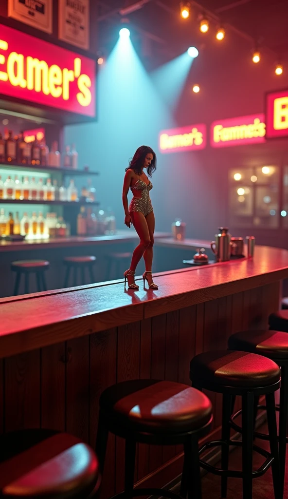 score_9, score_8_up, score_7_up, canon eos 5d mark iv, (highly detailed), (photorealistic), raw photo, from side, bent over, 1girl, a beautiful young woman, gorgeous, standing, 25yo, fair skin, Latina, outdoors, night, neon lights, nightclub, crowded, detailed face, intricate details, naturalism, hyperdetailed, hyperrealistic, bracelets, jewelry, choker, huge natural breasts, long hair, glossy black hair, brown eyes, looking at viewer, BREAK cropped top, black microskirt, thigh-highs stockings, high heels stilettos, (long toned legs)1.2, (tight ass), detailed face, (detailed eyes)