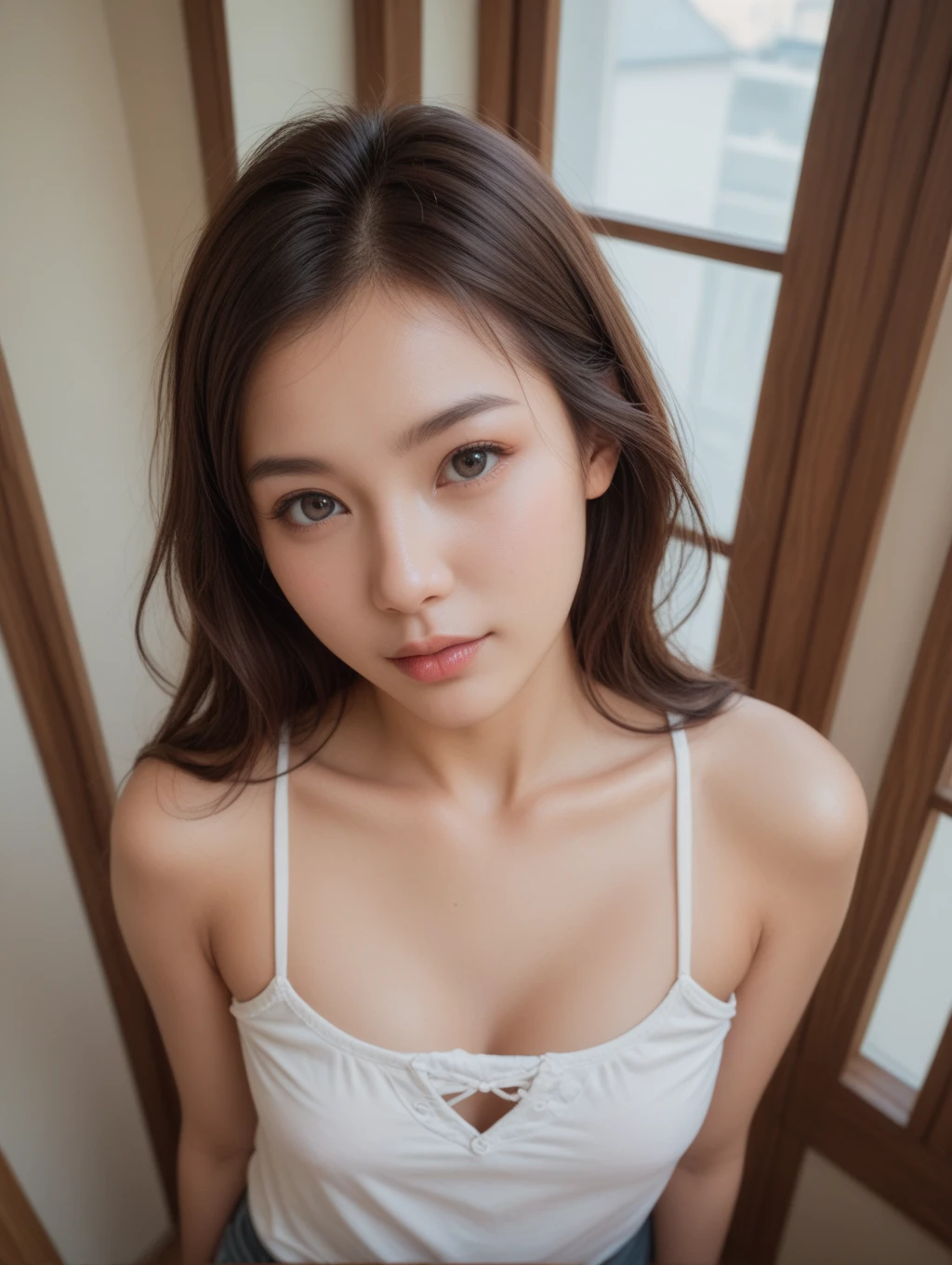 ((Photorealistic、Masseter muscle area、Highest quality、High resolution、RAW Photos))、（full body, glamorous body, Perfect Detail）Realistic、Bright lighting、Face Light、Smooth Professional Lighting、pretty girl、Beautiful woman, Modeled、gravure、(wavy hair、Brunette colored hair、Brown eyes, sexy face,  want to kiss++) ,natural makeup、so beautiful、Realistic and beautiful skin、Big tits、Cleavage、plum thighs, Beautiful and detailed、Detailed face、 looking at the camera、take a picture, Seductive Pose,  Sexy lingerie++,