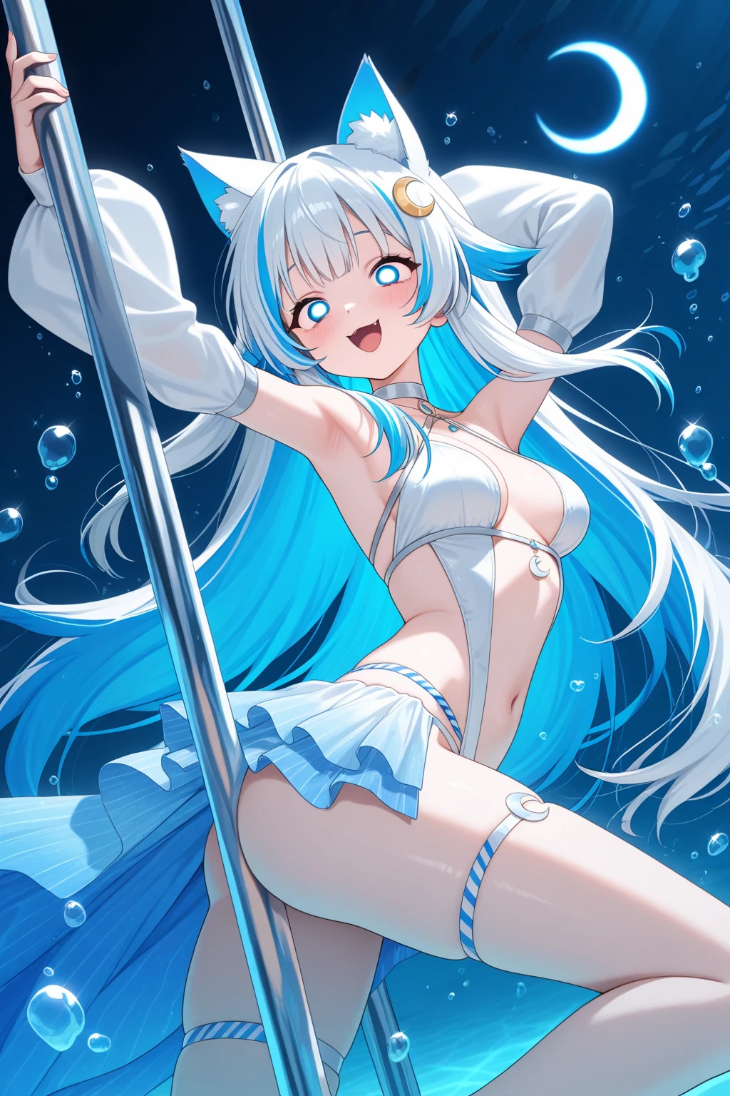 Whole BodyEsbian、Standing picture，full-body shot，a girl，（（（（white or black pantyhose））））、（（Wear sneakers）），blue swimsuit bikini，seabed，dolphin，shell，Crab，an octopus，treasure chests，beach，There is a pair of large wings behind him，There are many ornaments hanging on the body，Trident in hand，jewelry，Blue and white hair，short sleeves，Off the shoulders，There is a gem inlaid on the forehead，blue bow，Swimming rings，heterochromatic pupils，Double tail，shy，blush，，masterpiece，Top image quality，top quality，A big gem is embedded in the chest，super long hair，animal ears，white hair，exquisite eyes、beautiful girl、Plump cheeks，ribbon、kawaii、loli、leg rings，with headphones，cute big breasts，