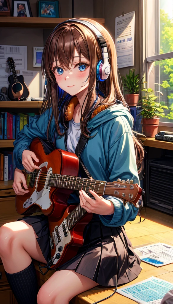 (Best quality, 8k, 32k, Masterpiece, UHD,:1.2),RAW, 2girls,ultra cute , natural lighting,transparent shining eyes, 20yo,medium breast ,fair complexion ,flushed face,dynamic Lighting,((Brown oversized Hoodie:1.3)), short denim pants, sitting on the floor, at own room, have a guitar, Playing the guitar, ((Evening)), nostalgic, headphones on neck