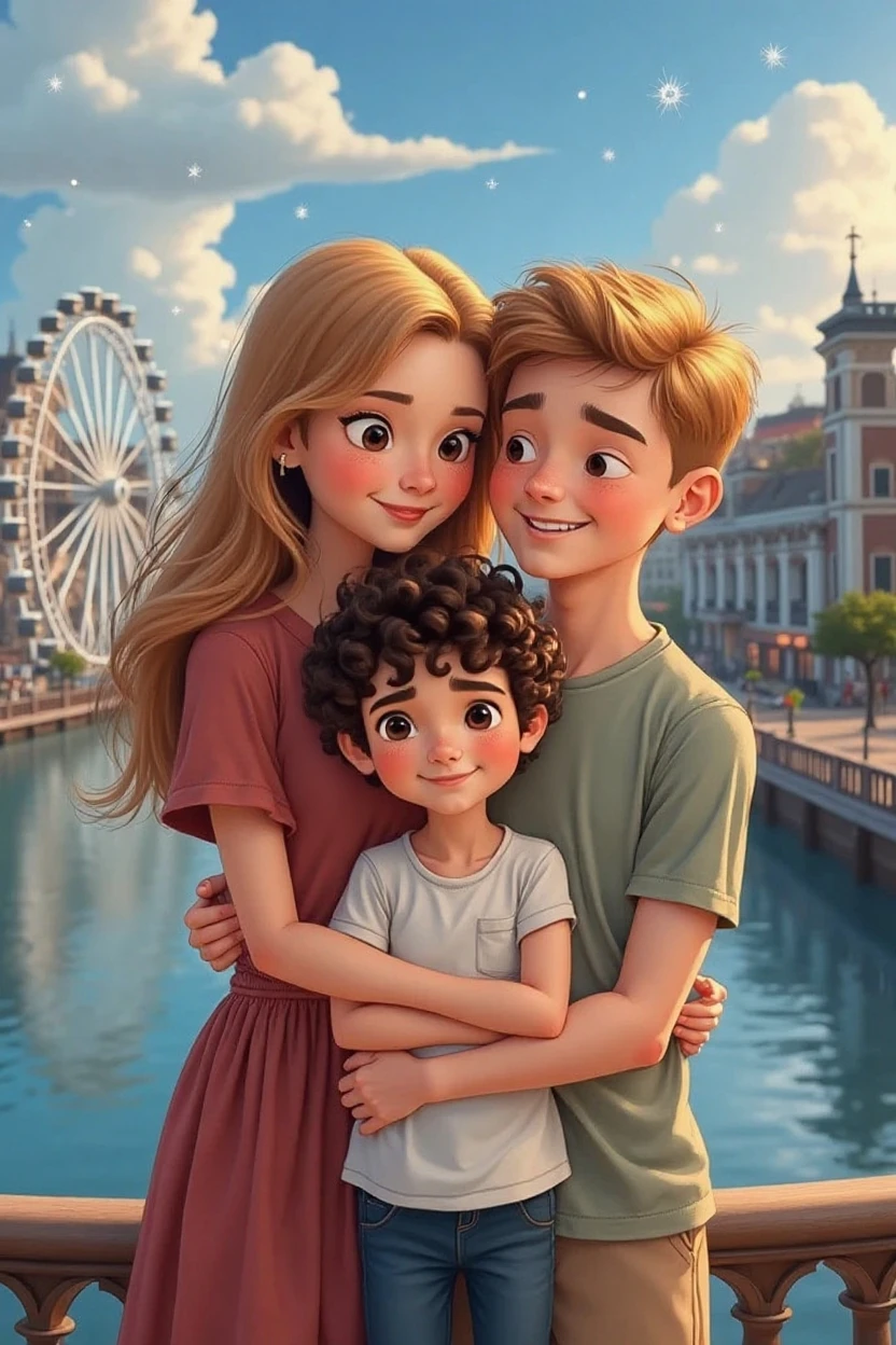 Blonde child with blue eyes, hugging her blonde mother with green eyes and very long hair along with her brunette husband with brown eyes but streets of NY 8k ultrarealistic