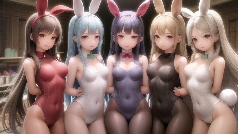 one young teenage bunny girl and elegant black latex body, she has fake bunny ears, she is blond with blue eyes, she is very fine , her fine chest, her chest is flat, she has small breasts, she has pretty hips and bare shoulders, she looks shy, her back well arched. she is in beautifull garden very blossomn and sun light