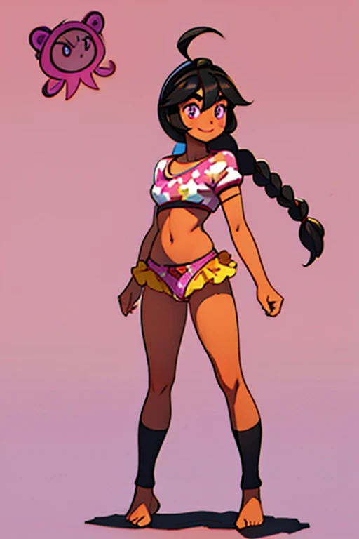 score_9, score_8_up, score_7_up, score_6_up, Character concept art of a dark skinned woman, twin braids, yellow top, khahki shorts, baseball cap, fashionable, high detail, white background