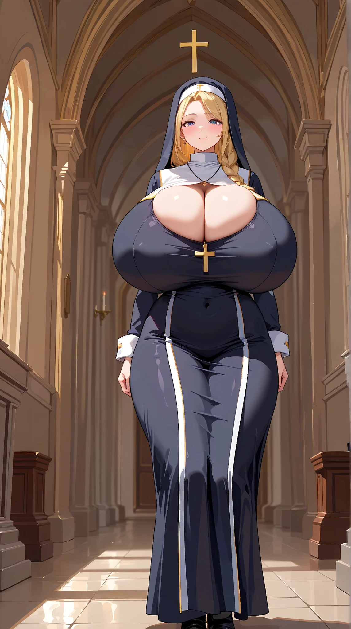 Girl with huge breasts in a nun&#39;s outfit with a huge lace neckline praying in the church 