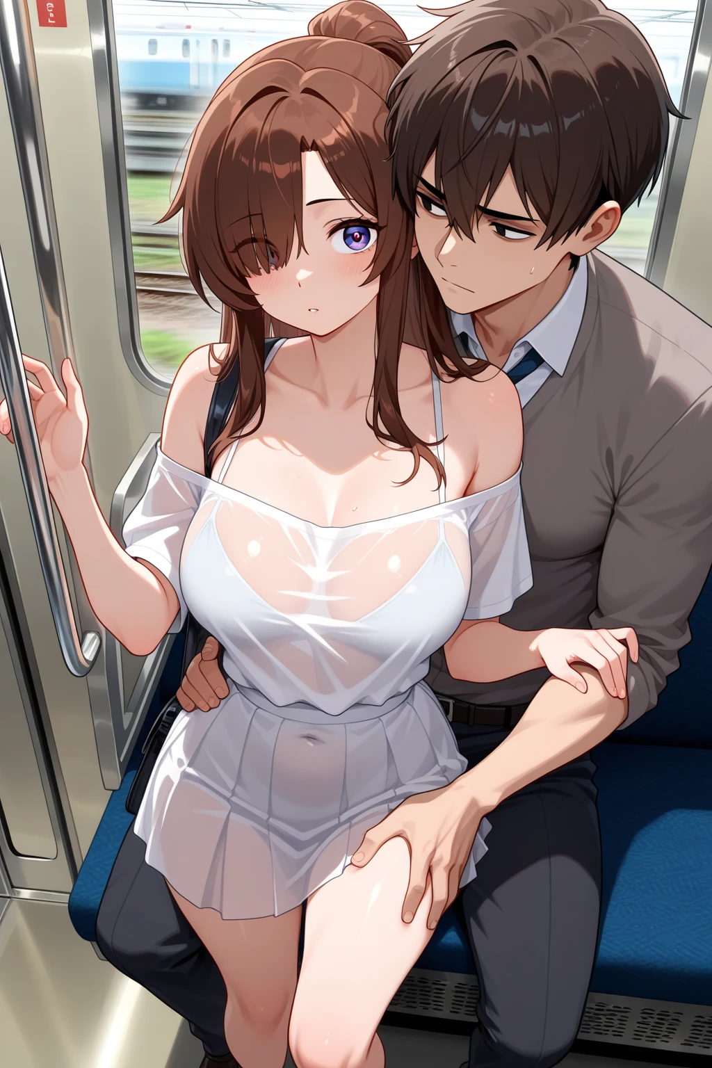 One man,(man in Prague:1.5),( middle aged man:1.5),(man is penis:1.3),penis is erect,perfect penis shape、Man is 30 years old、man is smile、(man is fullnude:1.5),2 girl, pretty girl , (brown hair with natural bright luster:1.5),(let bangs fall:1.2),(on the train:1.4),  face to face, full_body, (smile:1.2),beautiful girl,short ponytail、handjob,(standing:1.8),(cowboy shot:1.2),(girl is fullnude:1.9),