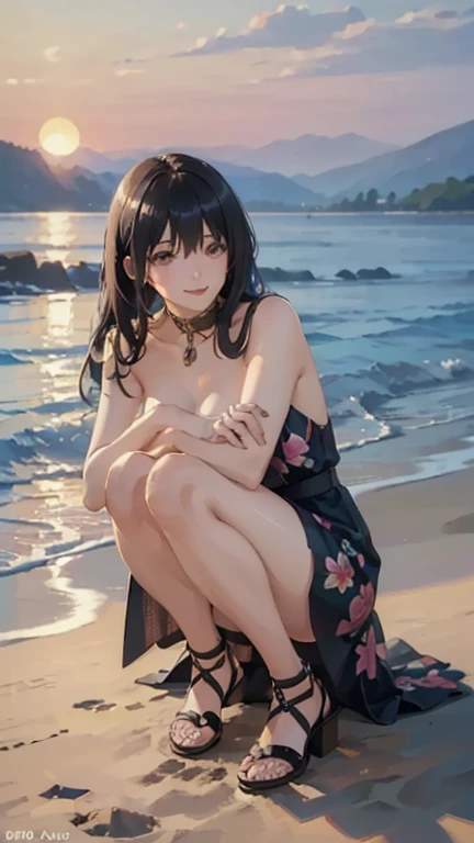 (masterpiece), (best quality), (ultra-detailed), (best illustration), (best shadow), (absurdres), Female, 25 years old, looking at viewer, steam, shy, nose blush, nsfw, medium breasts, nude, o-face, climax, light smile, Kochou Shinobu, Forehead,Black shirt,Black pantsuit,haori,butterflys,obi strip, purple flower,mostly cloudy sky,rays of sunshine,Tyndall effect,Gradient_sky,the face,beautiful sky,Saber on the waist,captivating posture, (Off-the-shoulder attire:1.3),