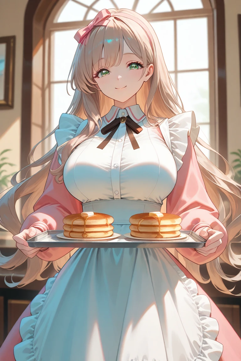 pancakes in the Asteria VK skillet,a blond,Twin-tailed,1soloMILFWoman in her 30s hands on hips, cleavage, maid APRON with shape LOVE symbol,Smile,kitchen, the upper part of the body
