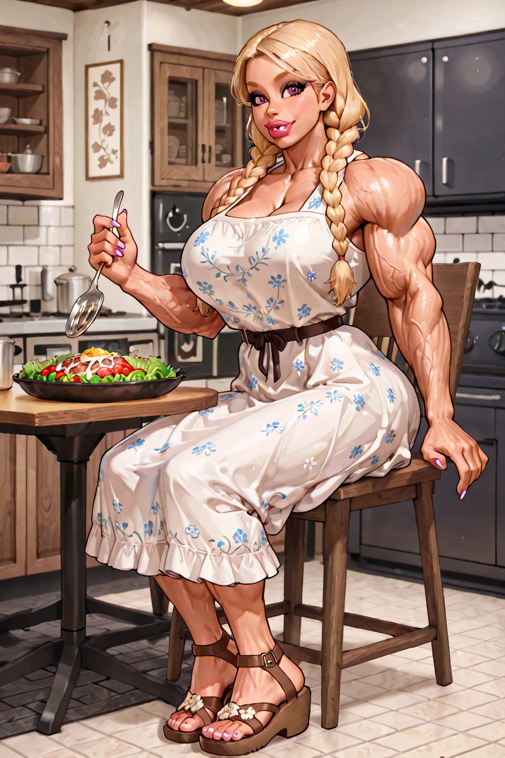 Masterpiece, ((8 0 s art  style:1.4)), ((330 lb)), the beauty of a goddess, enhancer image, ultra-detailed face, ((from above)), provocative pose, blonde, ((braid)), caucasian, ((sex seductive look)), ((waitress blue outfit)), ((sleeveless)), (waitress hat), ((white apron)). ((sit)), ((on knees)), ((glossy skin)), ((oiled skin)), ((smiling)), ((MASSIVE MUSCLES)), ((RIPPED)), stunning, smooth, ((eyeliner)), (curvy:1.5), simetric, ((wide hips)), ((hourglass waist)), (epic penis), perfect proportions, red lips, ultra realistic, thick, cinematic light, ((diner background)), ((perfect eyes)), blue eyes, futanari, ((crowd:1.3)), ((massive lips))