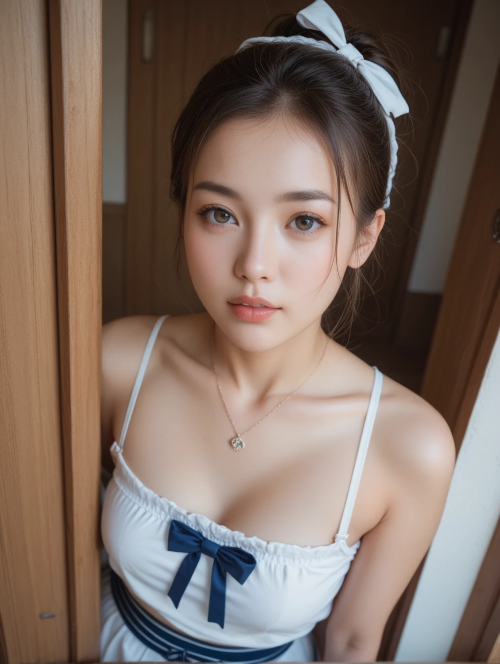 beautiful woman, plump figure, nurse outfit, showing cleavage, nurse cap, mini skirt, hospital room, detailed face, beautiful eyes, long eyelashes, detailed facial features, porcelain skin, gorgeous expression, highly detailed, photorealistic, 8k, hyper detailed, cinematic lighting, warm colors, soft lighting, dramatic lighting, masterpiece