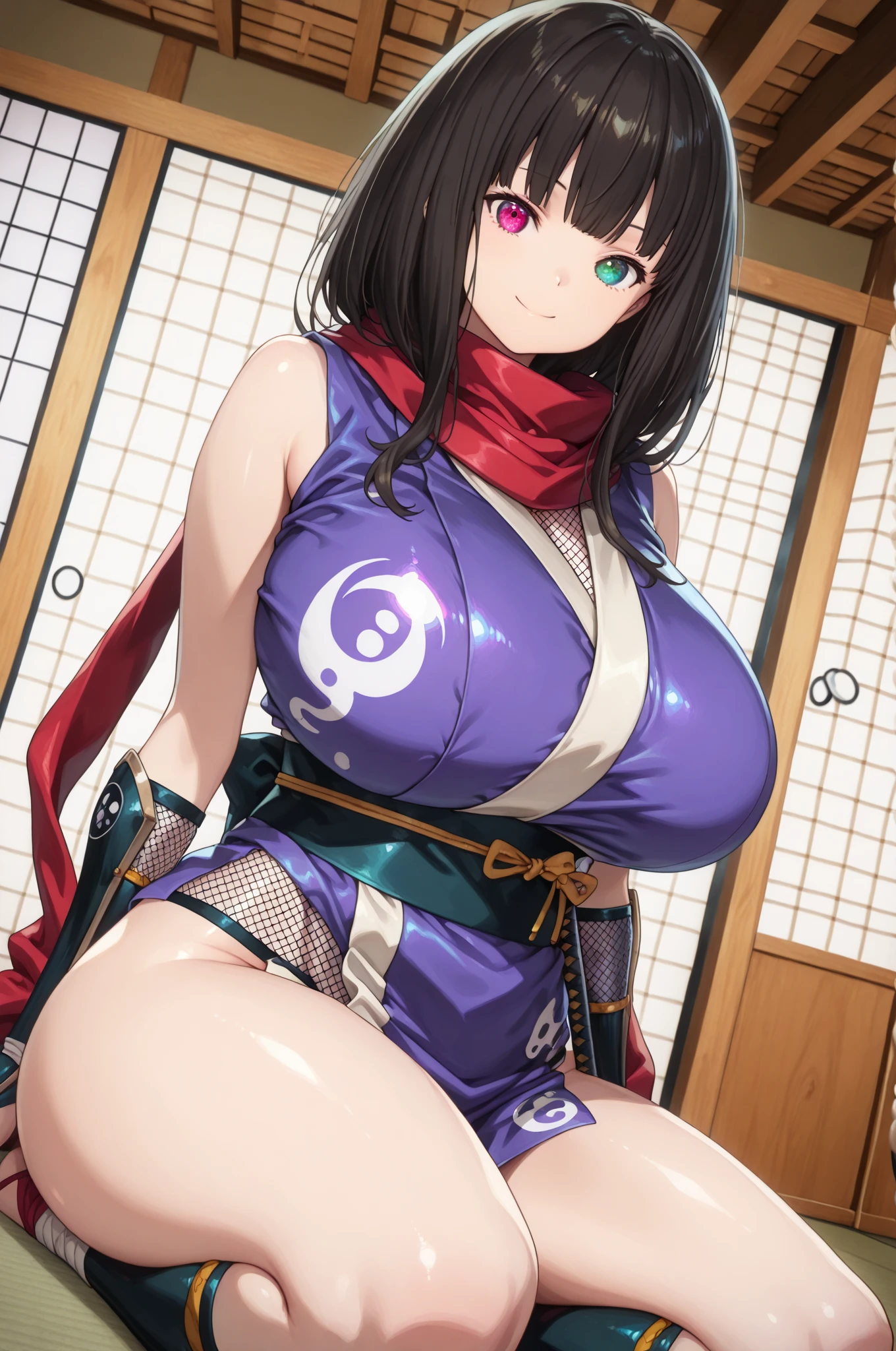 masterpiece, best quality, beautiful art, high resolution, well formed hands, body and fingers, 1 woman, solo, Lin Xiao Mei, cat ears and cat tail, hair ornament,  adult, grown up, big breasted, cleavage,  full body, braided long hair, blue_japanese_clothes, wearing DOA Kasumi's blue kunoichi dress, sexy and skimpy japanese clothes, kimono peek, sleeveless, white stockings, gorgeous legs and thighs,fighting in a combat match, showing her fighting skills, making her guard, about to hit the viewer, looking at the viewer,   sweating, bouncing breasts, smiling joyfully and brightly, being confident and proud, action and fighting scene, fighting cage on beach environment    