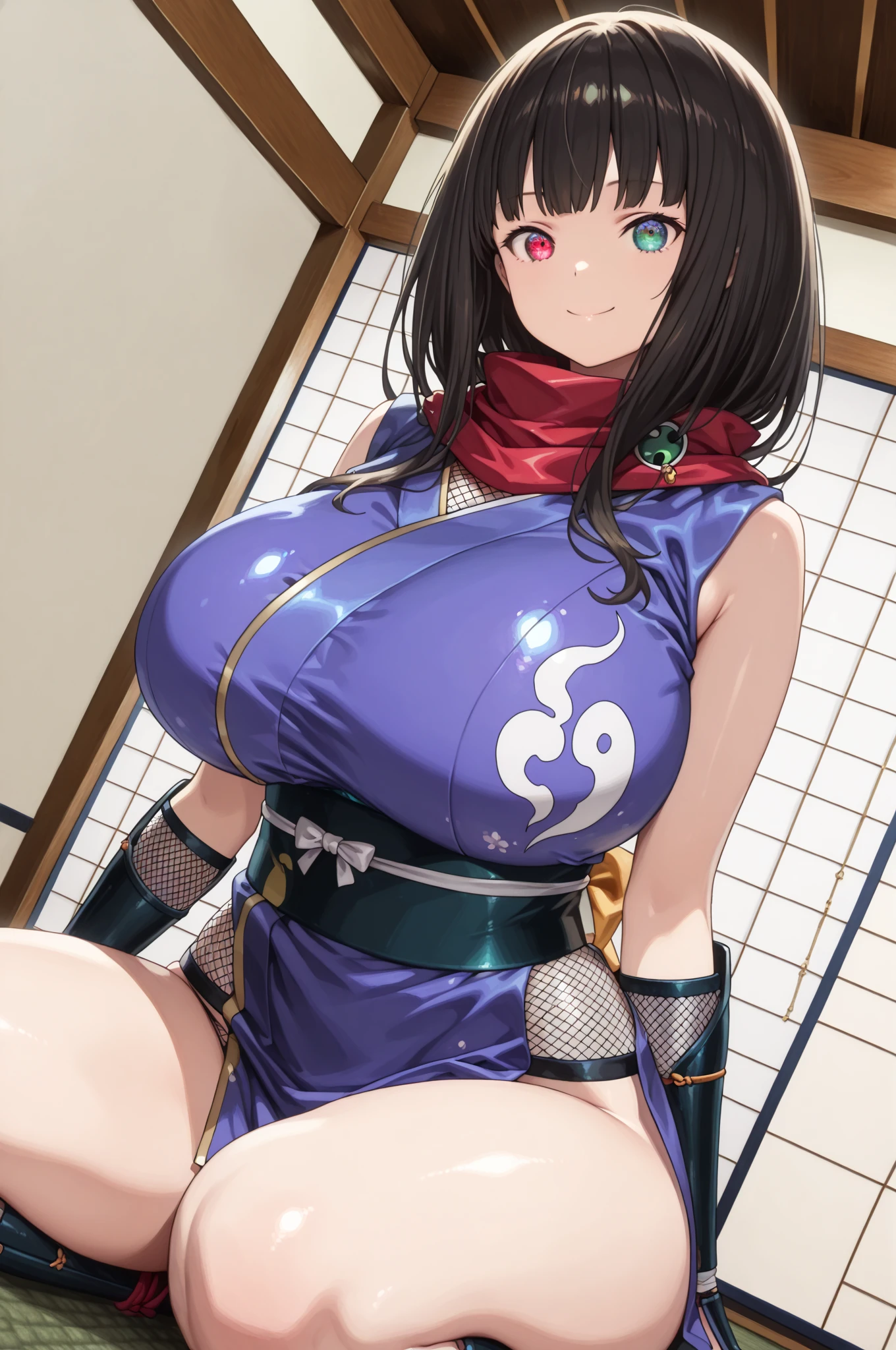 sheena fujibayashi, (masterpiece), (best quality), 1girl, (ass focus:1.1), strong legs, japanese clothes, black leggins, (pivix), detailed mouth, detailed face, (detailed eyes:1.2), BREAK black hair, ponytail, choker, cleavage, small breasts, cowboy shot, bokeh, detailed background <lora:add_detail:1> <lora:Sheena_Fujibayashi:0.7>