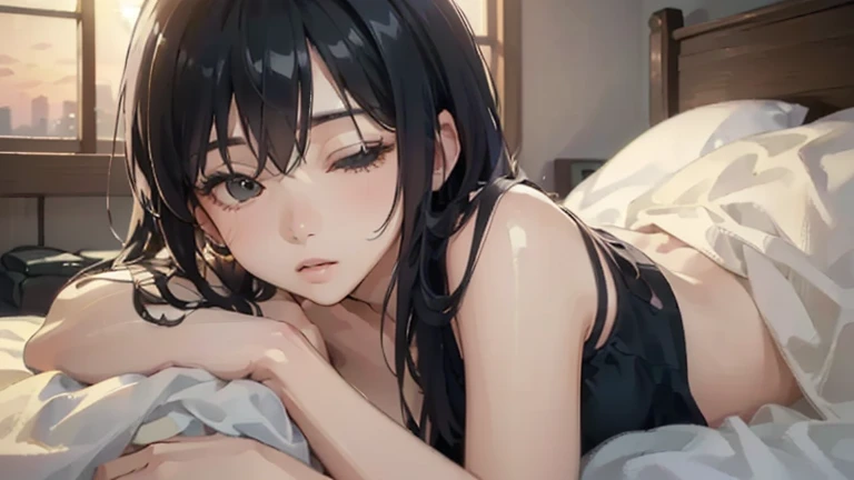 (a woman and a man: 1.5), sharing a bed, early in the morning, under the covers, expression joyful,