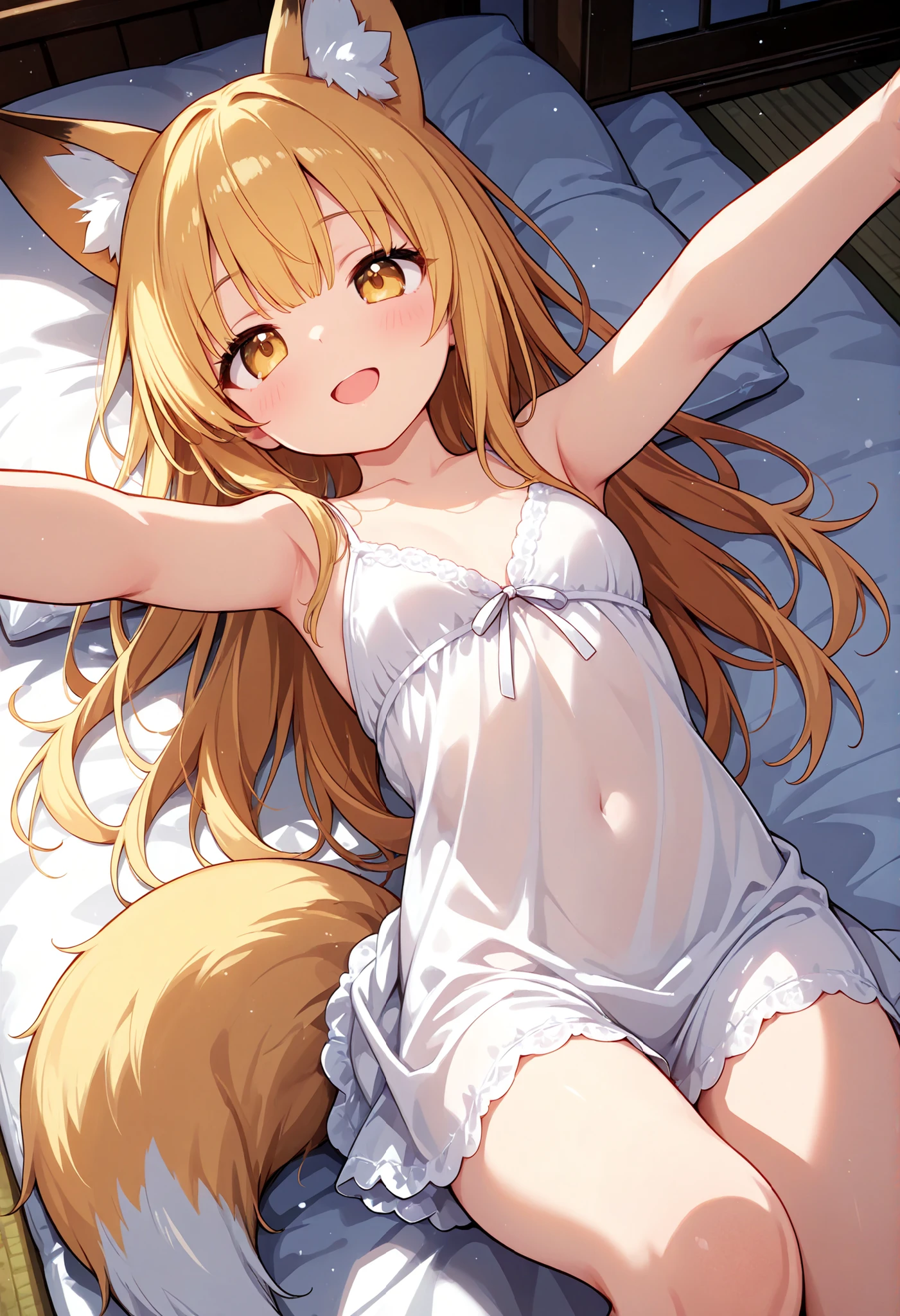 Furry cat，Yellow-fur，Loli body，Orange eyes，Yellow hair，In the daytime，Glowing hair，Wearing white panties，Wearing white underwear，A shy look,Lying in bed,