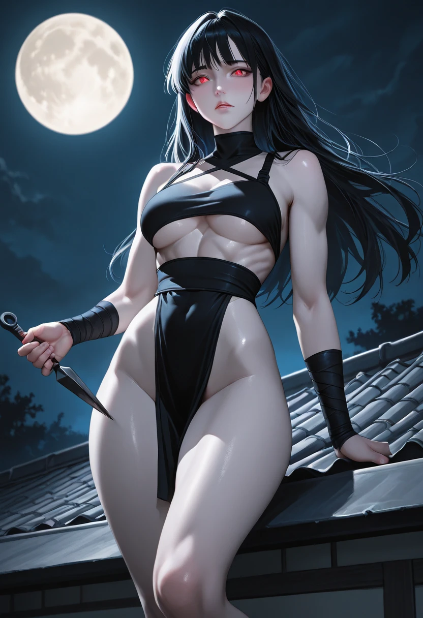 ninjartista eclipse lunar A Mata Facas cabelos loiros longos cabelo rabo de cavalo olhos amarelos Mulheres Bonitas roupa sensual (NSFW:1.0) young wet pussy with medium breasts, cabelo amarrado na cintura fina, de costas para camera