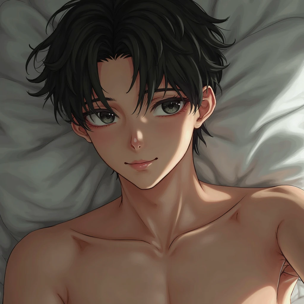 high quality, detailed, Realistic, (two 16 years old japanese boys), (detailed black eyes), (abs:1.5), (shiny skin), detailed nipples, black hair, (black tiny thong), (erected bulge), summer noon, (smile:0.7), close up face, laying, kissing,
