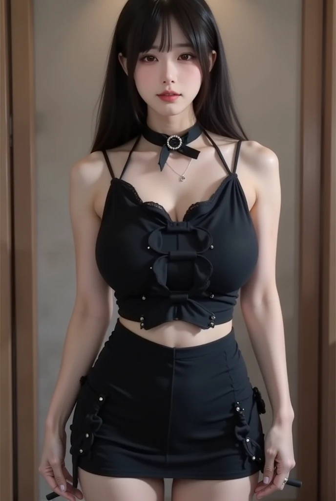 araffe woman in a black dress posing for a picture, cruel korean goth girl, very beautiful goth top model, sexy look, corset, open v chest clothes, full body xianxia, goth, wearing corset, neo goth, sexy :8, sha xi, very tight corset, wearing sexy lingerie, very sexy outfit, korean girl, goth girl