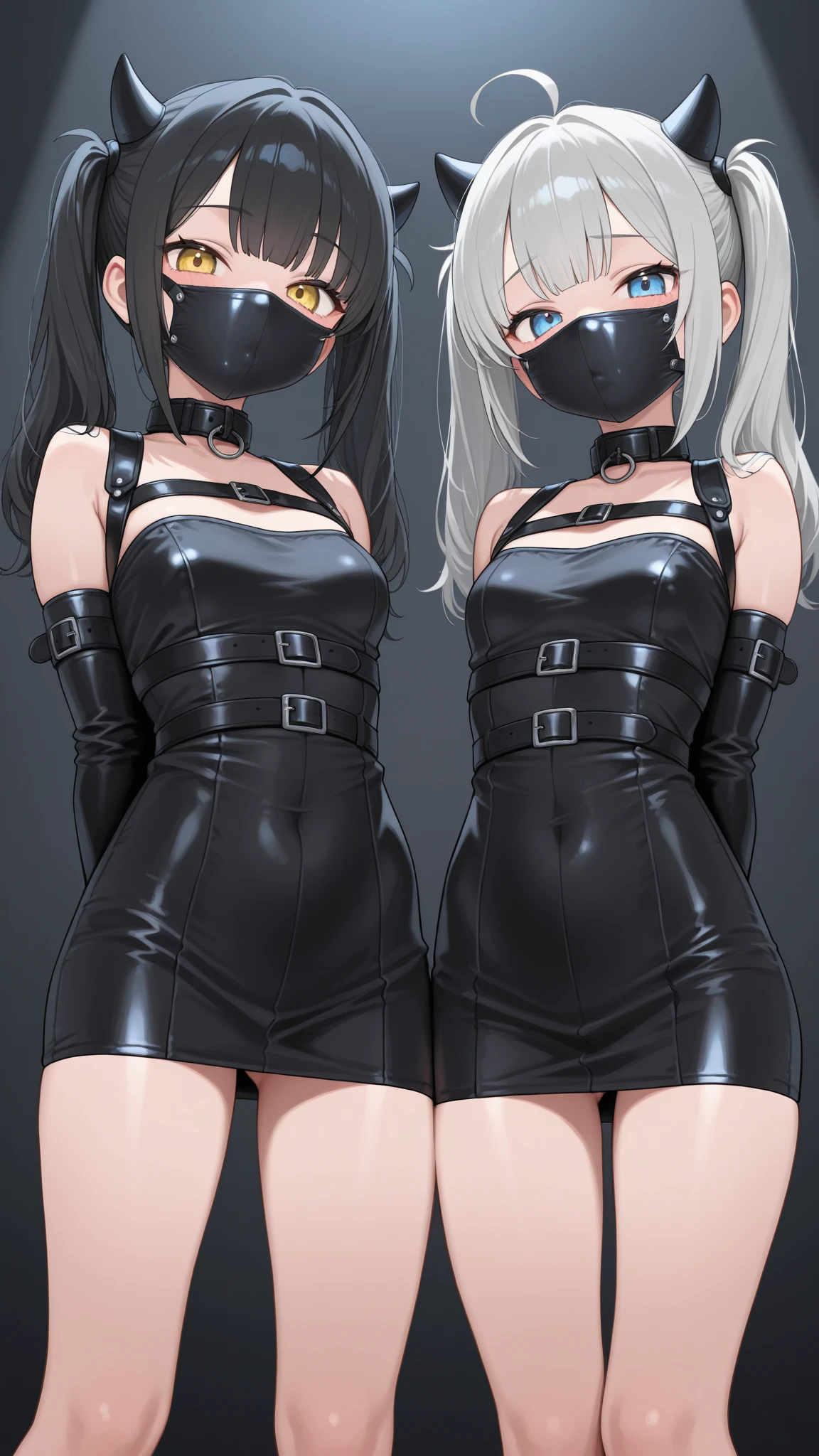 multiple girls, small breasts, naked breasts, transparent panties, kneeling, elegant bedroom, tied up, hands tied up over head with rope, legs tied together, gagged with white gag over mouth, hips groped by viewer, pov, nsfw, high definition, cinematic lighting