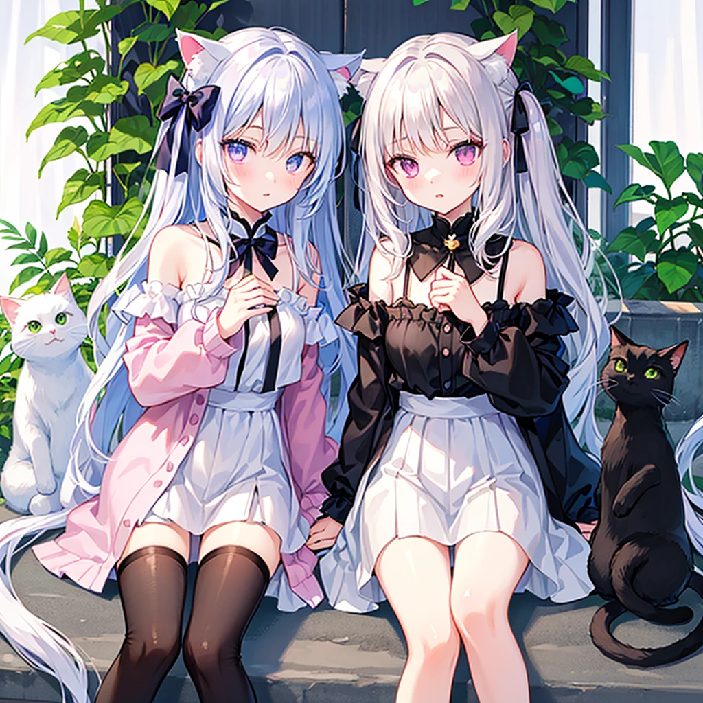 Jade-colored eyes silver hair, cat ears girl
heart necklace
long hair blush white dress