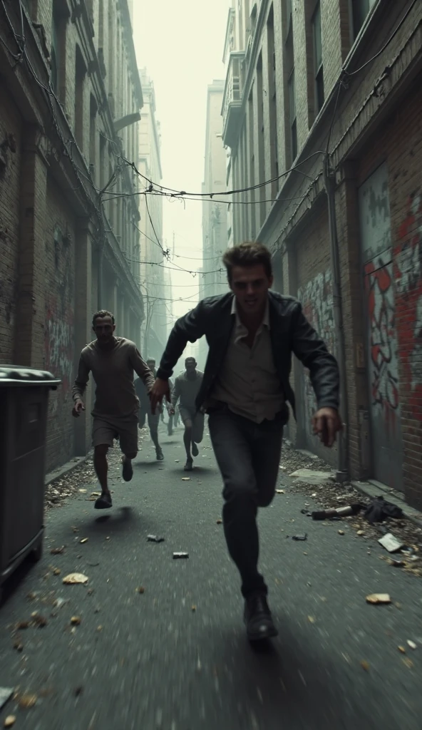 Generate an image of a chaotic scene on a city street where zombies are in various states of movement. Focus on one white male who is running towards the camera, seemingly trying to escape from the zombies. Full body shot. Wide angle camera. The buildings in the background are intact but the atmosphere conveys urgency and danger. The streets are in a mess with debris, garbage, and blood. Realistic, ultra detail, 8K, UHD, cinematic