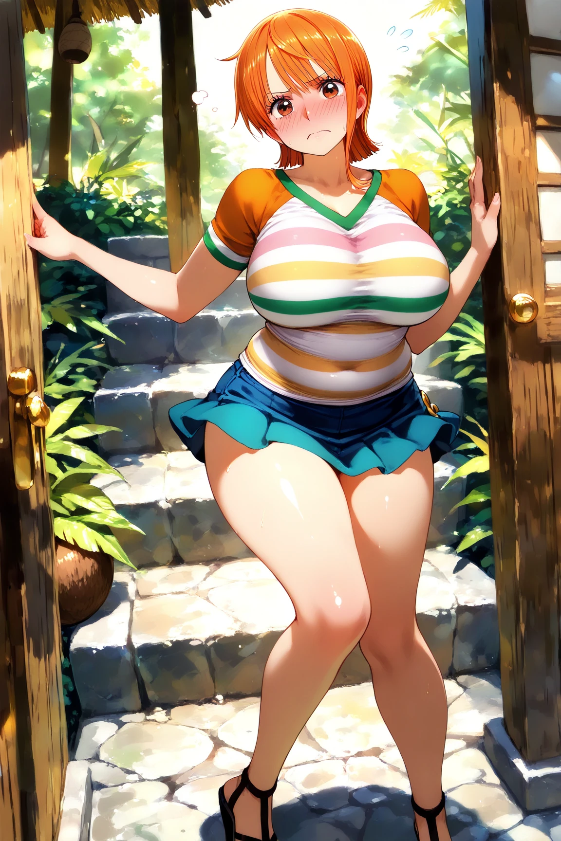 masterpiece, ultra high-quality, extremely detail 8k cg, high resolution, 1girl, pakura, green hair, orange eyes, thin body, huge breasts, bursting breasts, strapless shorttubedress, high heels, choker, beautiful face, outdoors, garden, night time, full shot photo, full body