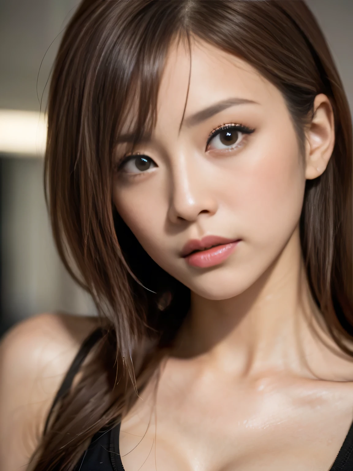 (Photorealistic、Masseter muscle area、Highest quality、High resolution、RAW Photos)、（full body, no cloth, glamorous body）Realistic、Bright lighting、Face Light、Smooth Professional Lighting、pretty girl、Beautiful woman、Modeled、gravure、natural makeup、so beautiful、Realistic and beautiful skin, Beautiful and detailed、Detailed face、Large Breasts++、Cleavage、(Random Hairstyle、random colored hair、bangs, Brown eyes, sexy face, looking at the camera)、take a picture, Seductive Pose, cowboy shot, angle from below, (high quality lingerie, Luxury lingerie,Random Color Lingerie) ,dynamic pose,look of impending kiss+++