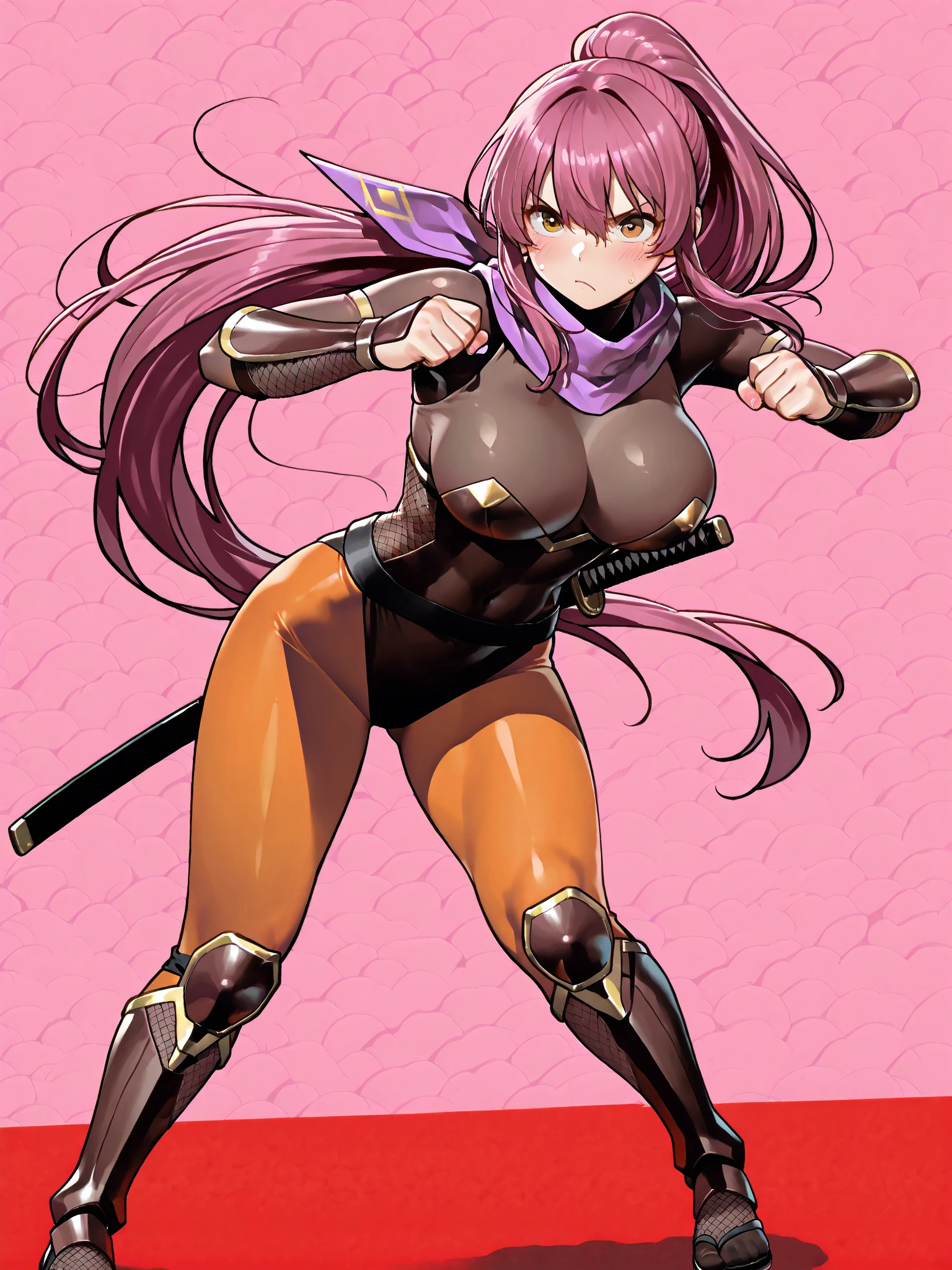 a cartoon picture of a woman with a sword and a pink hair, commission for high res, oc commission, anime barbie in white stockings, sexy pudica pose gesture, thicc, holding a pudica pose, fullbody commission for, cel - shaded art style, inspired by Hirosada II, marin kitagawa fanart, cel shaded!!!, leotard, shadaloo doll