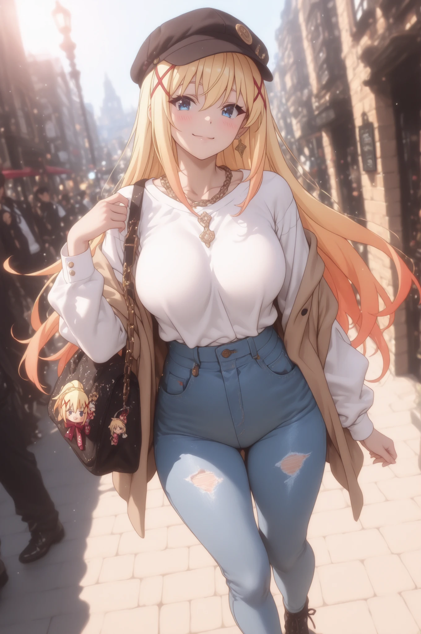 Highest quality、High resolution、Detailed Background、(Beautiful face in every detail:1.4)、Anatomically correct、(Normal number of fingers:1.2)、(Highly detailed face:1.2)、Detailed eyes、Beautiful women in their 20s、(Huge breasts:1.2)、Perfect body line、Light color hair、Bobcut、Long Hair、Wavy Hairstyle、Cute Eye Makeup、Cute Lip Makeup、Accentuate your cleavage、Model Pose、Cute gestures、Show the whole body、

(A beautiful model with a popular spot in the background:1.5)、

A coordinated look incorporating deep autumnal colors and layering、Finishing with short boots or sneakers for a casual look、
Adding an accent with boots、Pair it with sneakers to make it more casual and sophisticated.、A wide-leg pants in velvet material paired with a simple T-shirt is also cute and autumnal、Combining with long boots is expected to have a leg-lengthening effect、

Kyoto、Arashiyama、Arashiyama is a classic yet always popular spot that combines the atmosphere of an ancient capital with a modern cafe.、Taking pictures at Togetsukyo Bridge, there are many picturesque landscapes、very beautiful
