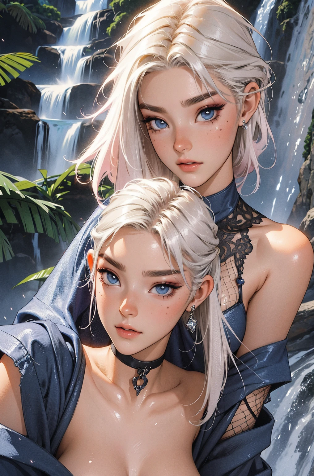 (lifelike, high - resolution:1.3), 1 girl with a perfect body,slender body, Super fine face and eyes,assasin, dark makeup, shiny skin,white hair, (jungle bikini, animal print micro bikini),Expose cleavage, (bracelets, tooth jewelry, a lot of necklaces, very long necklaces, necklaces down to stomach, body chains, waist chains) laying on back
