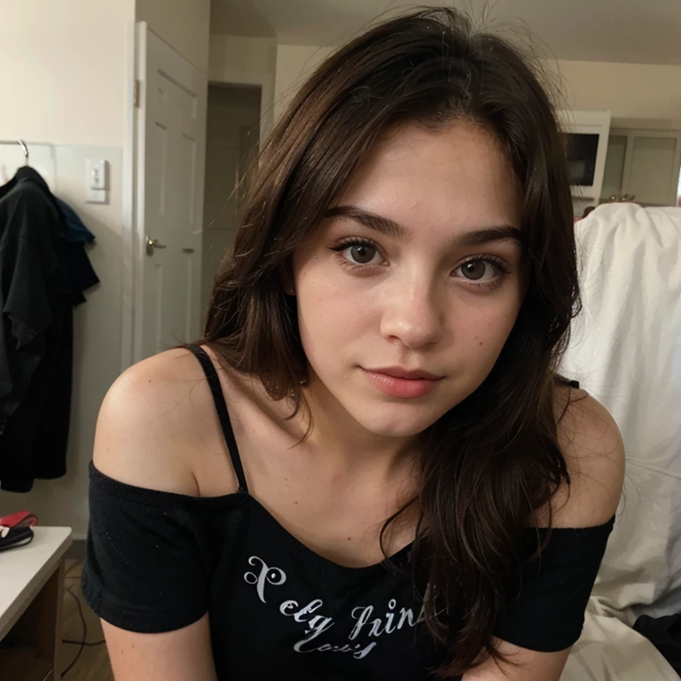 beautiful little teenage girl, selfie with hand on face, small cleavage sexy