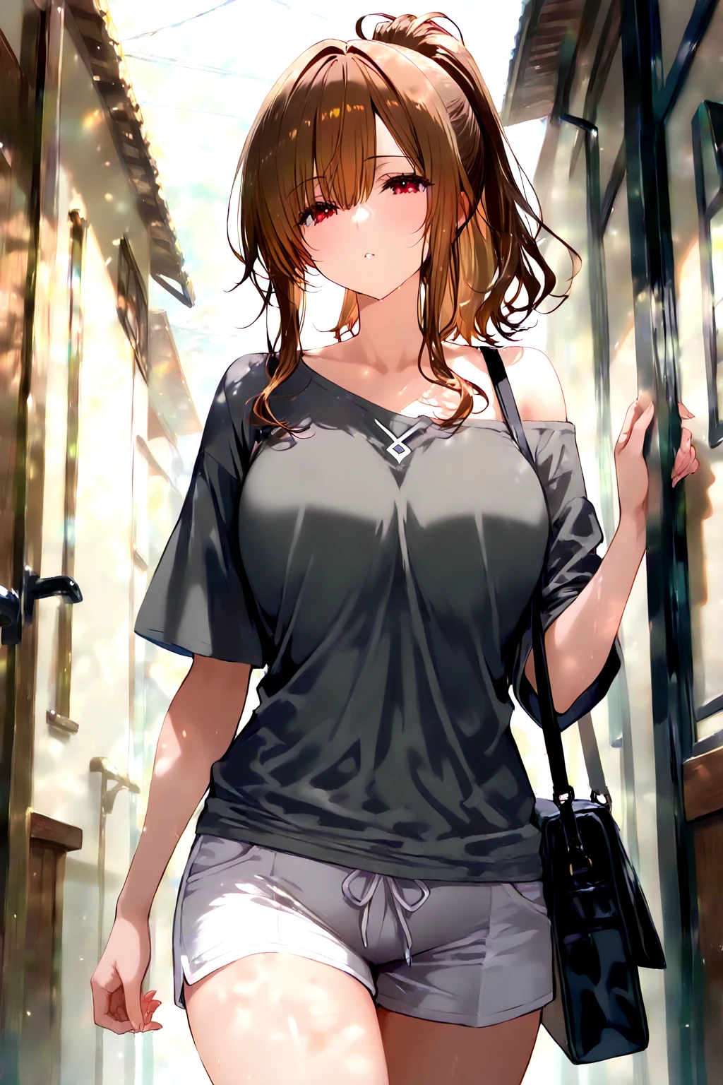 masterpiece, best quality, 1girl, idcsmiu, black shirt, brown skirt, long skirt, upper body,  (skirt lift, black panties:1.2),  empty eyes, expressionless,  jewelry, necklace, earrings,  (street:1.2)