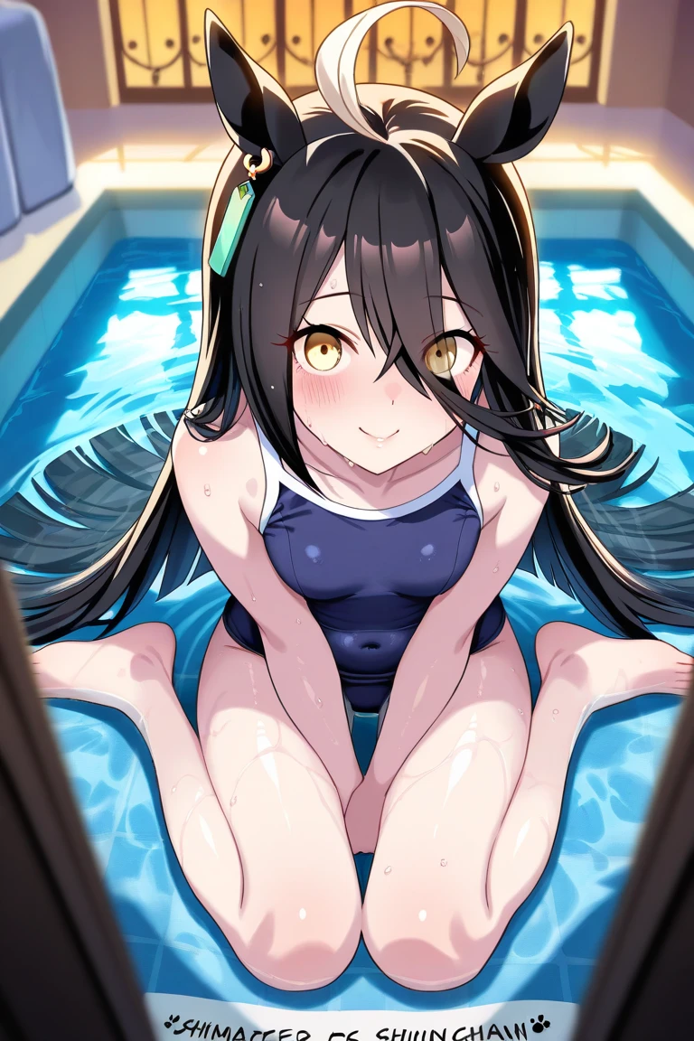 masterpiece,best quality,ultra detailed, nsfw, 1girl, おっぱい, pussy focus, aroused, naked, Lots of love juice, Pussy, Spread legs, one-piece swimsuit, see through one-piece swimsuit, BLACK_HAIR, BANGS, MOLE_UNDER_MOUTH, LONG_HAIR, HAIR_ORNAMENT, BLUNT_BANGS, BLUSH, GREEN_EYES, SMILE, HAIRCLIP, AQUA_EYES,embarrassed