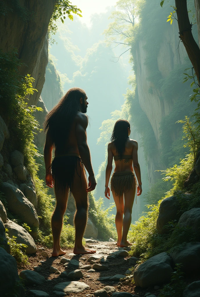 A highly realistic panoramic sunlight image of Tarzan fighting with an gorilla in the water. Jane looks on anxiously with a spear in her hand to come to the rescue., Both are half-naked dressed in the short loincloth of a primeval man, both standing dripping with water in the crashing waters of a very high waterfall half surrounded by big jungle trees in 70000000 BC, HD photography, ultra-realistic, King Tut, 4k, hyper-realistic, sharp texture, color.Her face with glistening water droplets is illuminated by the sun. She stands upright in the running water of the river, a perfect face model, Arabella mist-splitter, perfect face), beautiful lips:5 stylish, beautiful female face, attractive female face!!!, beautiful feminine face, beautiful makeup, perfect face! all wet on a rainy night, scared look, eerie, creepy, dark ambient, cinematic lights, ultra sharp focus, bird's eye view, high view, looking at the camera, raindrops.