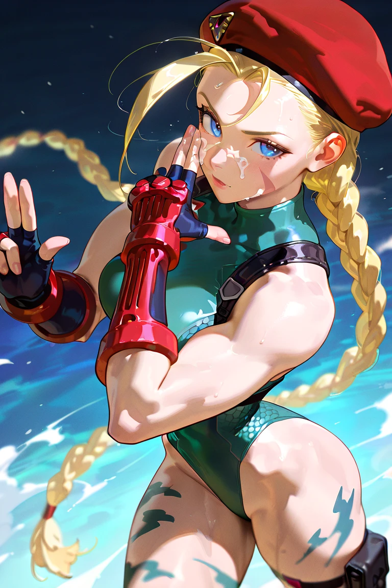 (hands behind back:1.6), leaning forward, (foreshortening:1.6), perfect anatomy, (solo:1.4), 1girl, (head fully in frame:1.3), (beautiful face:1.5), (cowboy shot:1.3), (cute:1.4), big cheeky smile, looking at viewer, beautiful eyes, curvy, (huge breasts:1.2), (left hand on hip:1.3) gofa, (small town:1.3), street, daylight, blue sky, western architecture, cammy white, twin braids, long hair, (blonde hair:1.2), antenna hair, beret, (red headwear:1.3), (blue eyes:1.3), scar on cheek, large breasts, (green leotard:1.5), sleeveless, red gloves, fingerless gloves, camouflage,