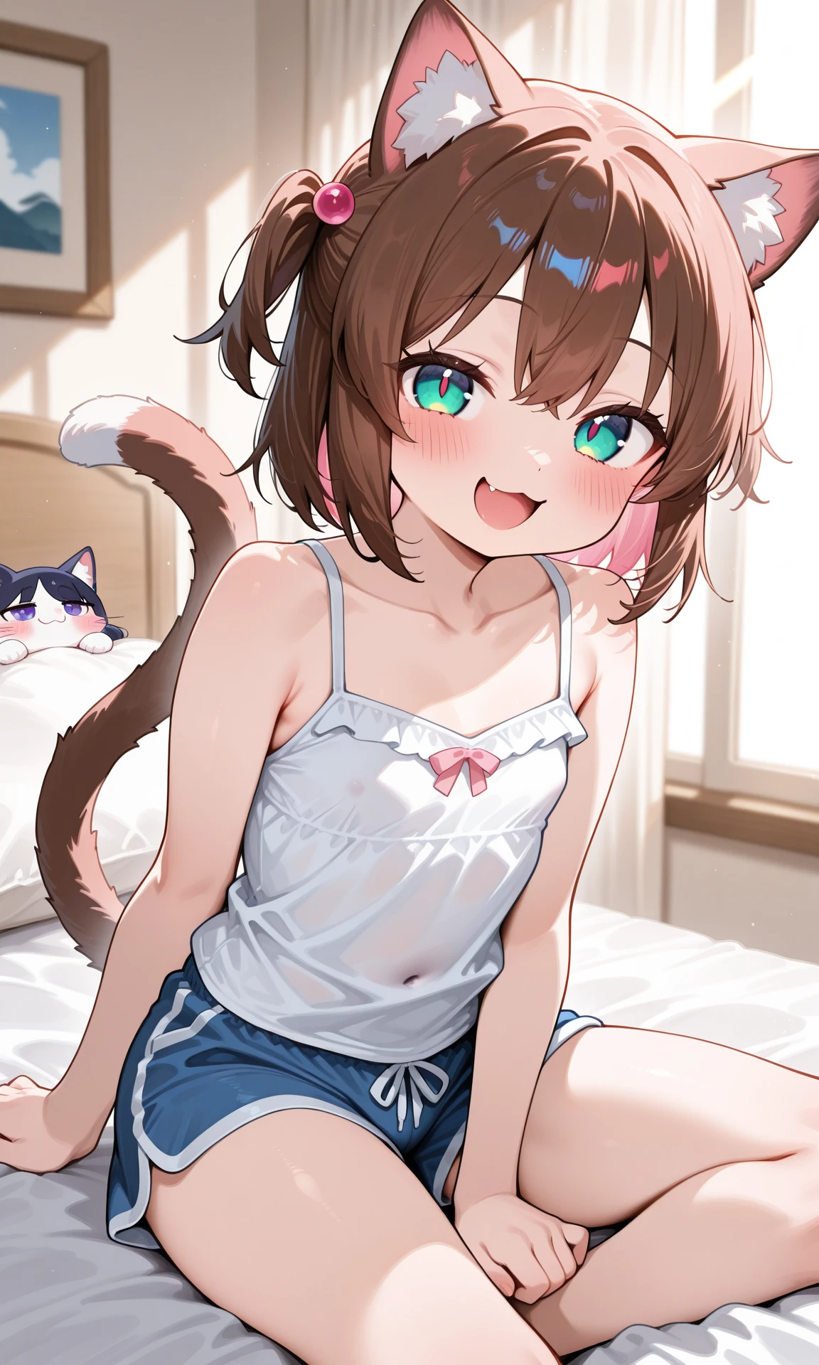 highres, high quality, 10-year-old , blush, open mouth, tight pajama  bra and panties, cat ears, cat tail, blurry background, indoors