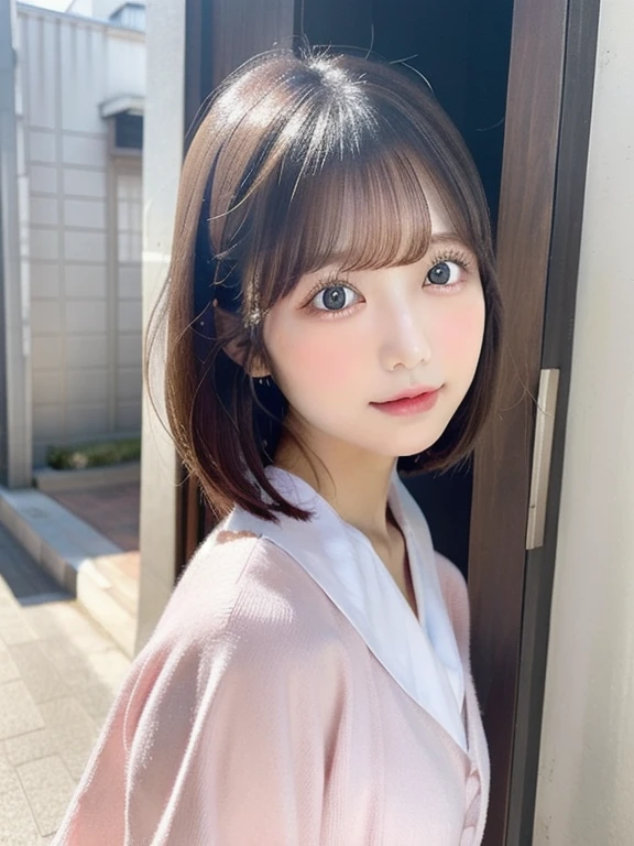 table top, highest quality, shape, Super detailed, finely, High resolution, 8k wallpaper, 完璧なダイナミックな構shape, finelyて美しい目, Wearing a black dress,medium hair,natural color lip, smile,Harajuku、teenage girl、cute、looking at the camera、C cup、brown hair、Blurred cherry blossom background