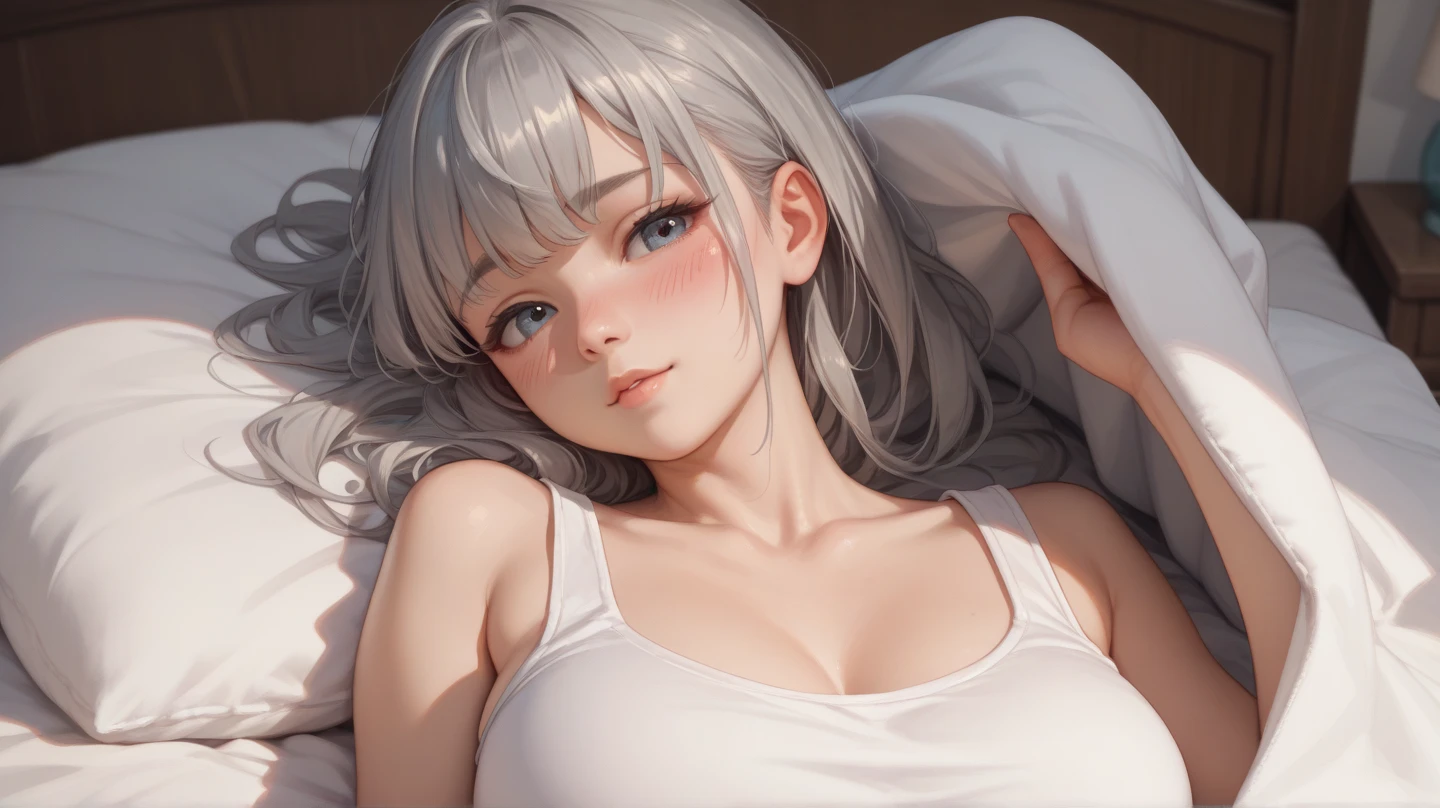 Best Quality,High resolution,8k,finelity detailed background,Masterpiece:1.2),beautiful girl,Glossy romance gray hair,asymmetrical hair,Gray eyes,Gentle look,A refreshing look,smile,Best quality,Best Quality,Aesthetic and aesthetic:1.2,Best details((Super detailed))(High-definition CG illustrations),Upper Body,Dark grey underwear,Slender body,night,moon,Bedroom,On the bed,smile,blush,cute,Scrounge,Looking up,Being spoiled,super model,wariza,shoot from,above