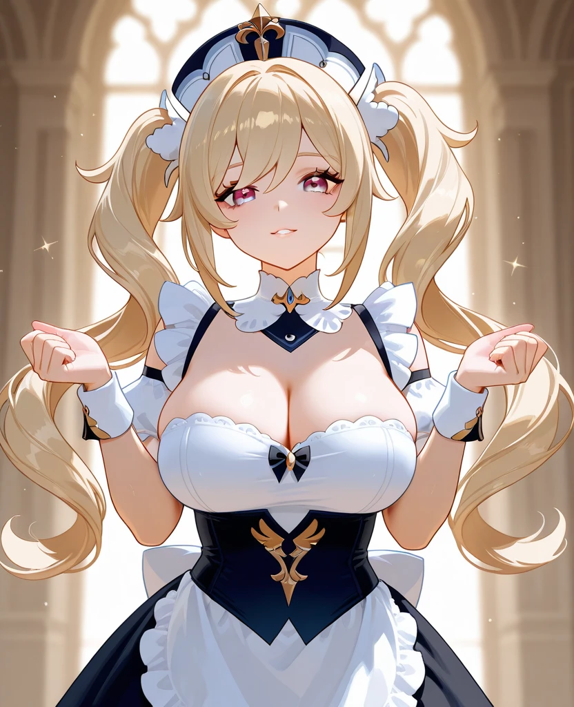 best quality, masterpiece, highres, solo, {victorious_azurlane:1.15}, blonde_hair, long_hair, blue_eyes, laurel_crown, breasts, hair_ornament, large_breasts, bangs, ribbon, smile, blush, sleeveless, flower, cleavage, hair_ribbon, open_mouth, very_long_hair, blue_flower, rose, 1girl, :d, bare_shoulders, blue_rose, dress, flower_ornament, looking_at_viewer, upper_body, white_background, simple_background, arm_up, wrist_ribbon, chain, navel