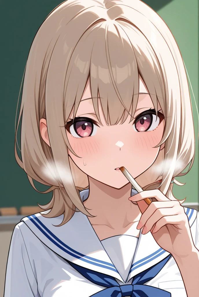 Highest quality、High resolution、Detailed Background、(Beautiful face in every detail:1.2)、Anatomically correct、(Detailed eyes:1.2)、Teenage beauty、(Huge breasts:1.2)、Cute hair colour、Bobcut、Braided Ponytail、Cute hairstyle、well-groomed eyebrows、Perfect body line、Short-sleeved white sailor suit、Pleated mini skirt、Hot midsummer day、Full window open、Summer Heat、Covered in sweat、Sweat makes clothes transparent、sitting in a classroom chair during class、(A beautiful girl fanning herself with a cute gesture:1.5)、
The strong sunlight streaming in through the window enveloped the classroom in a muggy atmosphere.、The students slowly fan themselves while wiping away sweat.、Thirsty students asking for water、Students sitting down to take a break、Sharing a cold drink