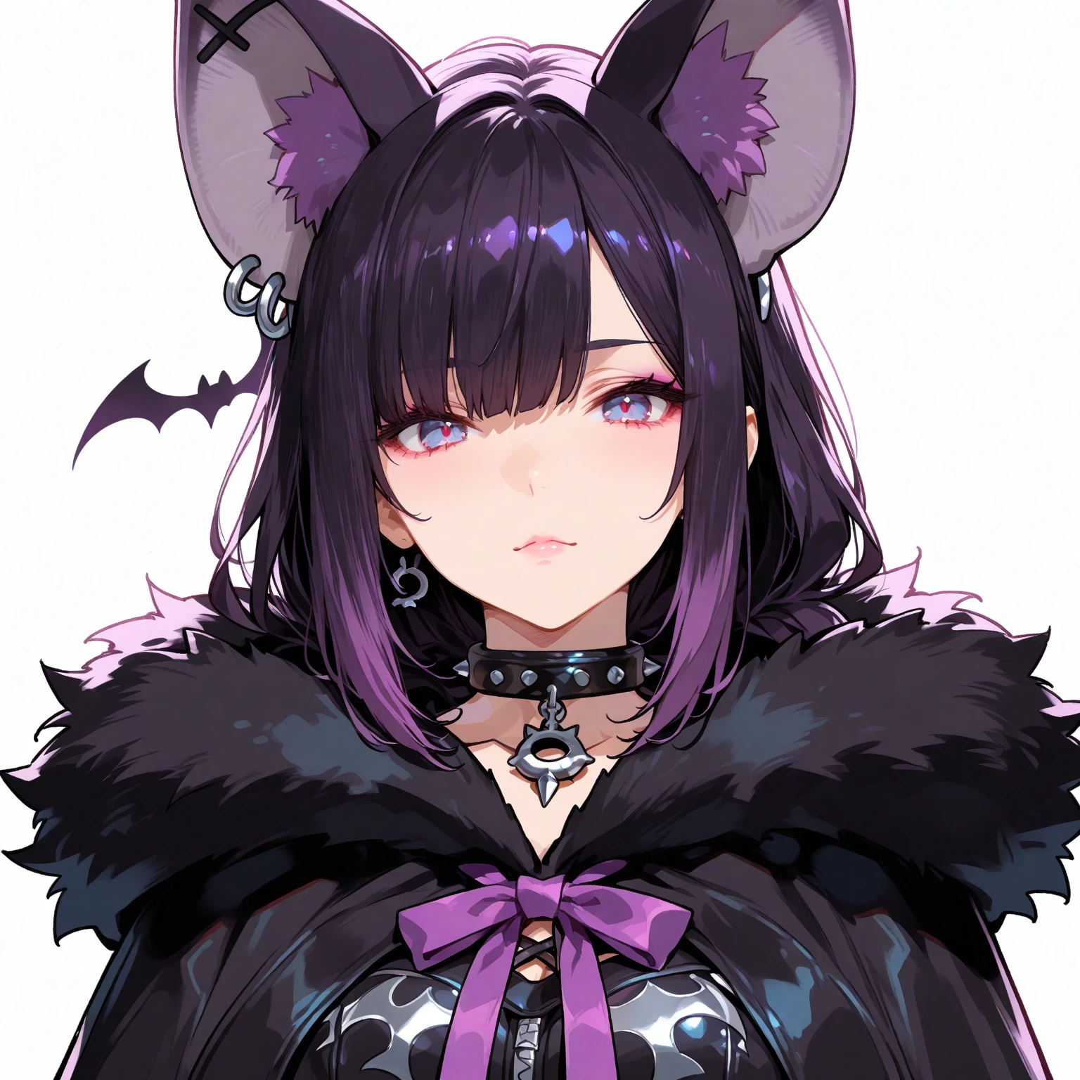1girl, ((Looking startled)) , female focus, solo, neck, (((portrait))), ShioriBase, split-color hair, hair ornament, choker, black dress with white ribbon, black jacket, fur trim, belt, asymmetrical legwear