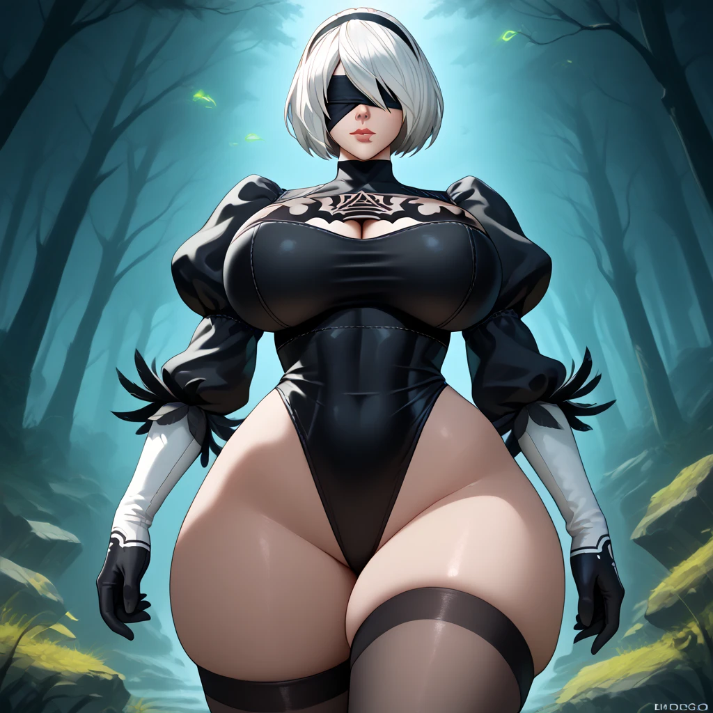 ((masterpiece)), ((photorealistic)), ((8k wallpaper)), ((best quality)), (perfect quality), solo, girl, Yorha 2b, short white hair, pose: ( shy pose, arm on waist, sexy pose), face: ( very beautiful face, perfect face, blindfold, makeup, young, round face, red lips), figure: (very full body, big breasts, (very thick), (very curvy), plump, (very chubby), (very chubby belly), (very chubby belly bottom), wide waist, (big deep navel), thick thighs), clothes: (tight black short dress, ripped dress, torn dress, blindfold, black tights)