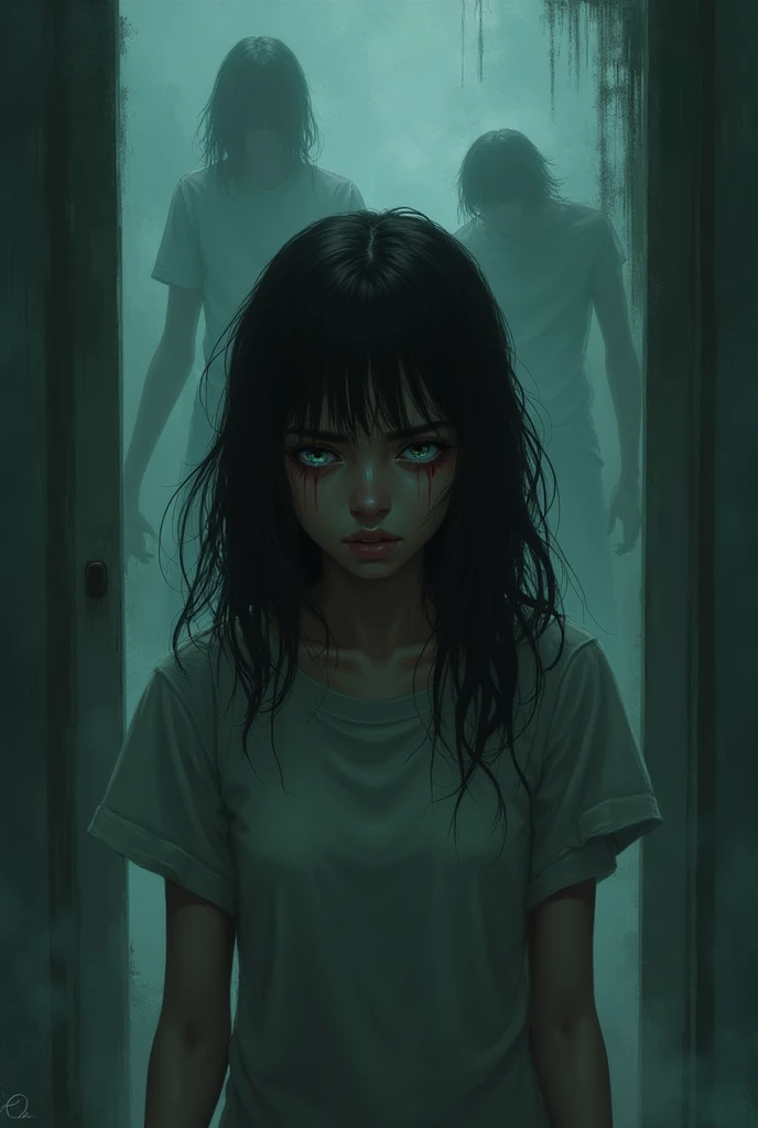 Japan,The medium is a realistic portrait painting with a touch of creepy darkness. The scene is illuminated by a late-night, eerie glow, with shadows that create an abyss-like atmosphere. The artwork should exhibit the highest quality with ultra-detailed elements and vivid colors. The girl's expression should exude a sense of fear and insanity, emphasizing the contrasting emotions in the scene.