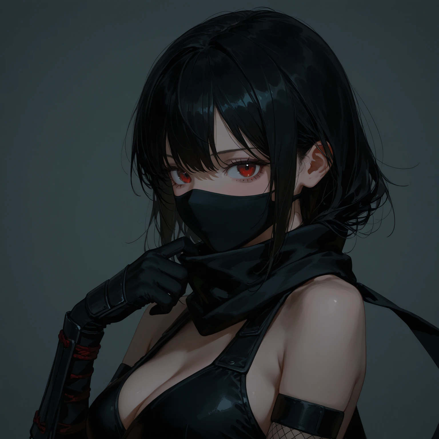 black hair, hair bun, tokin hat, mouth mask, backlighting, from above, high details, textured skin, super detail, masterpiece, highres, best quality, Female ninja, ninja costume, mesh chest, holding a short sword, late night, abandoned village
