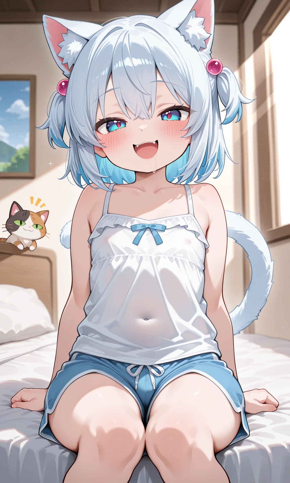 （masterpiece：1.2，high quality），8K，High resolution，A seven-year-old girl，cute girl，white hair，long hair，light blue eyes，slit pupils，heart ahoge，cat ears，laughing，skin fang，Wearing a white shirt，no shorts，Strawberry pattern panties，Sitting on the bed，There are flowering trees on both sides.，primary school student，thigh，Calf，Blue socks，cat tail，alone，Put your hands behind your head