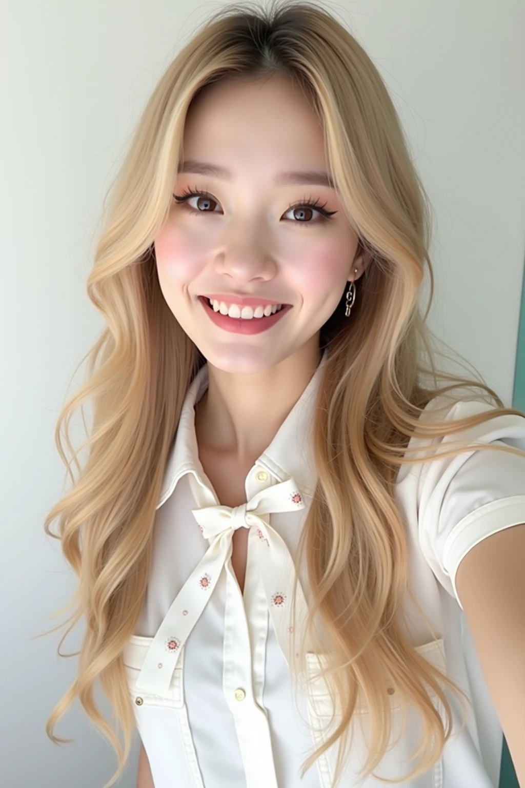 Surreal beautiful woman with blonde wavy hair and a big smile on her face.South Korea.Pure white off-shoulder low-cut dress.role play