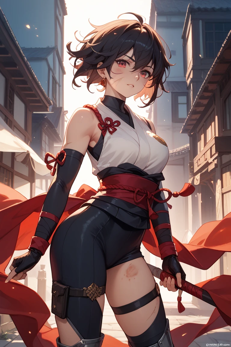 (masterpiece, best quality:1.2), expressive eyes, perfect face, highres, 1girl, solo, ryu \(sf\), (female:1.5), black hair, short hair, dougi, fingerless gloves, headband, fighting pose, portrait, looking at the viewer, cowboy shot