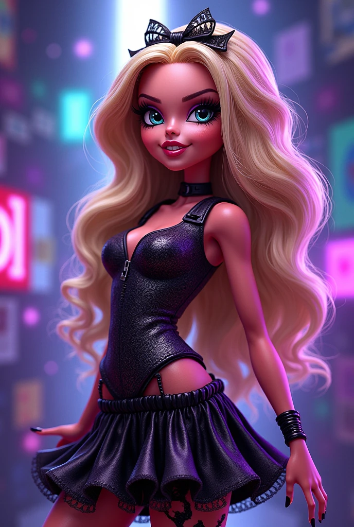 Character Barbie doll (hyper and mega realistic) full body, wearing rocker clothes (super stars) 80s (pure nostalgia) in the background colored lights,