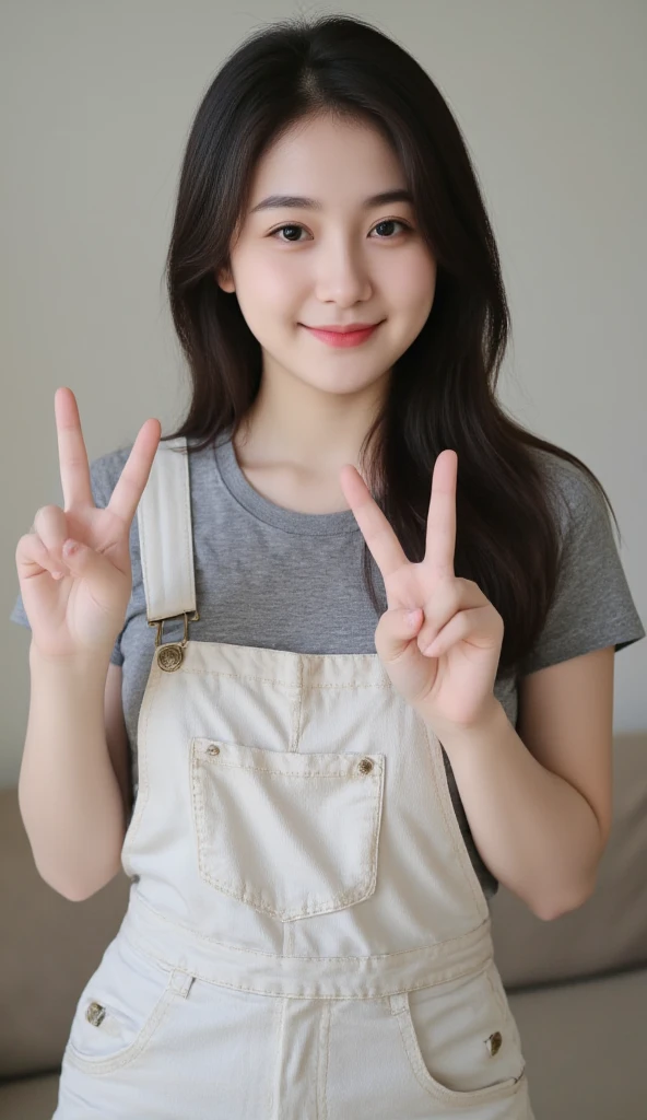 Highest quality, (beautiful)、university student、smile、peace sign、Semi-short